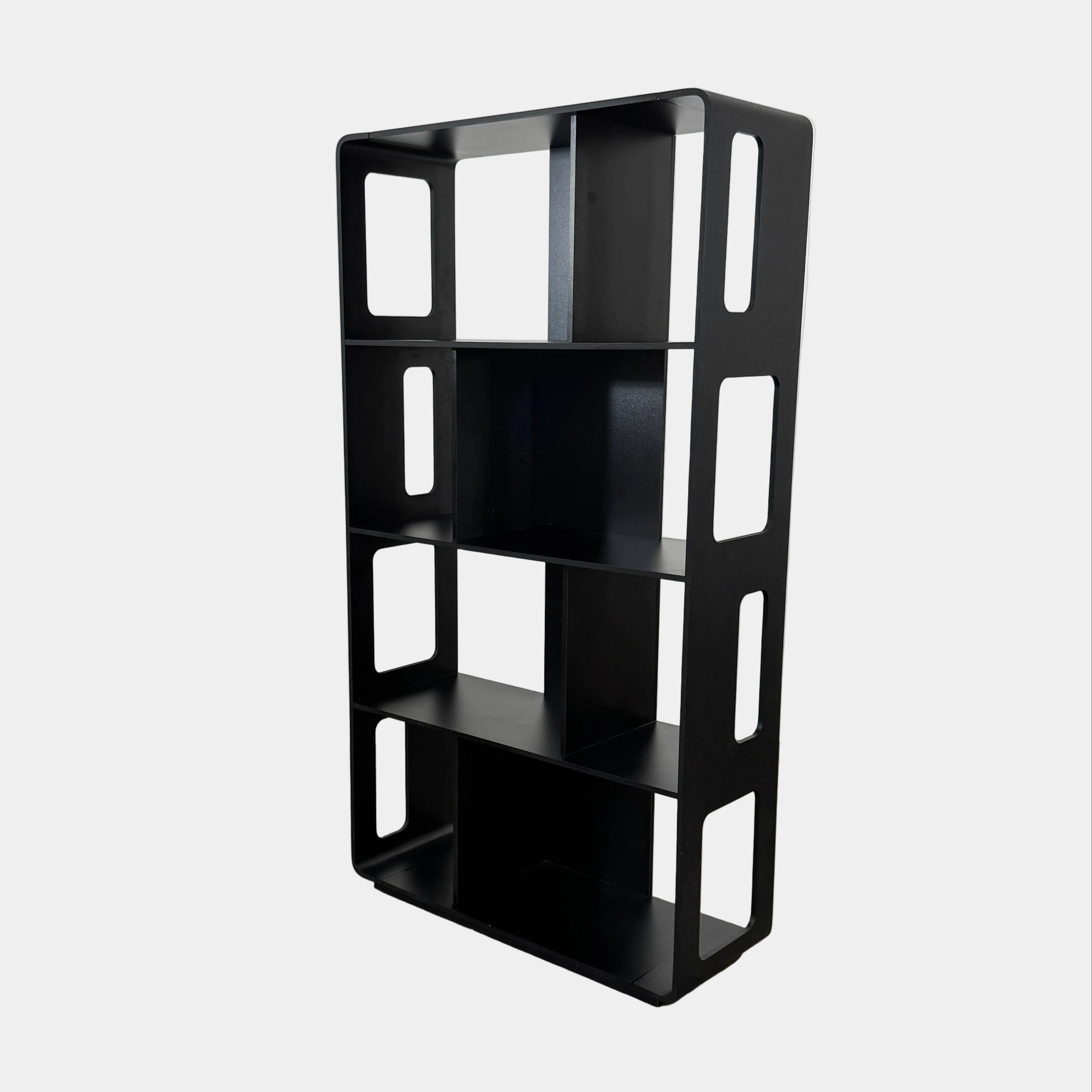 The B&B Italia Arne Bookcase Black Oak by B&B Italia is a modern open-frame bookshelf with five shelves and rectangular side cutouts, inspired by the Arne design, shown against a plain white background.
