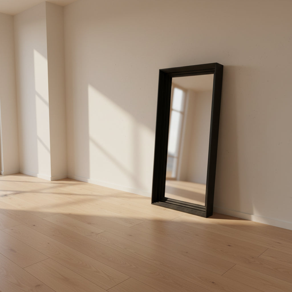 A person kneels in front of the Moooi Frame Mirror by Moooi—a large, rectangular mirror with a sleek black aluminum frame—while taking a photo. The mirror reflects furniture and industrial shelving within a well-lit room.