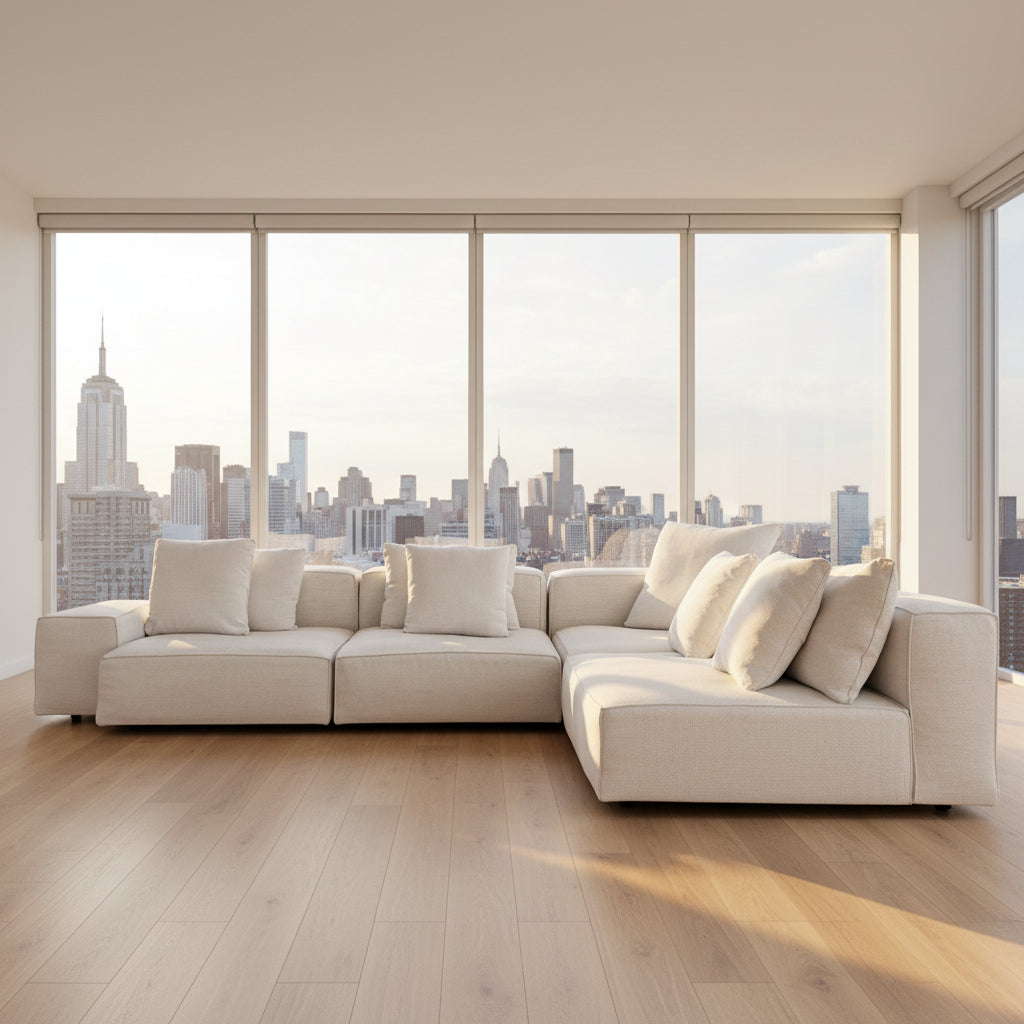 The Living Divani NeoWall 4 piece Modular Sofa by Living Divani is a modern, light beige Italian modular sofa featuring six large seat cushions and seven matching throw pillows, displayed against a white background.