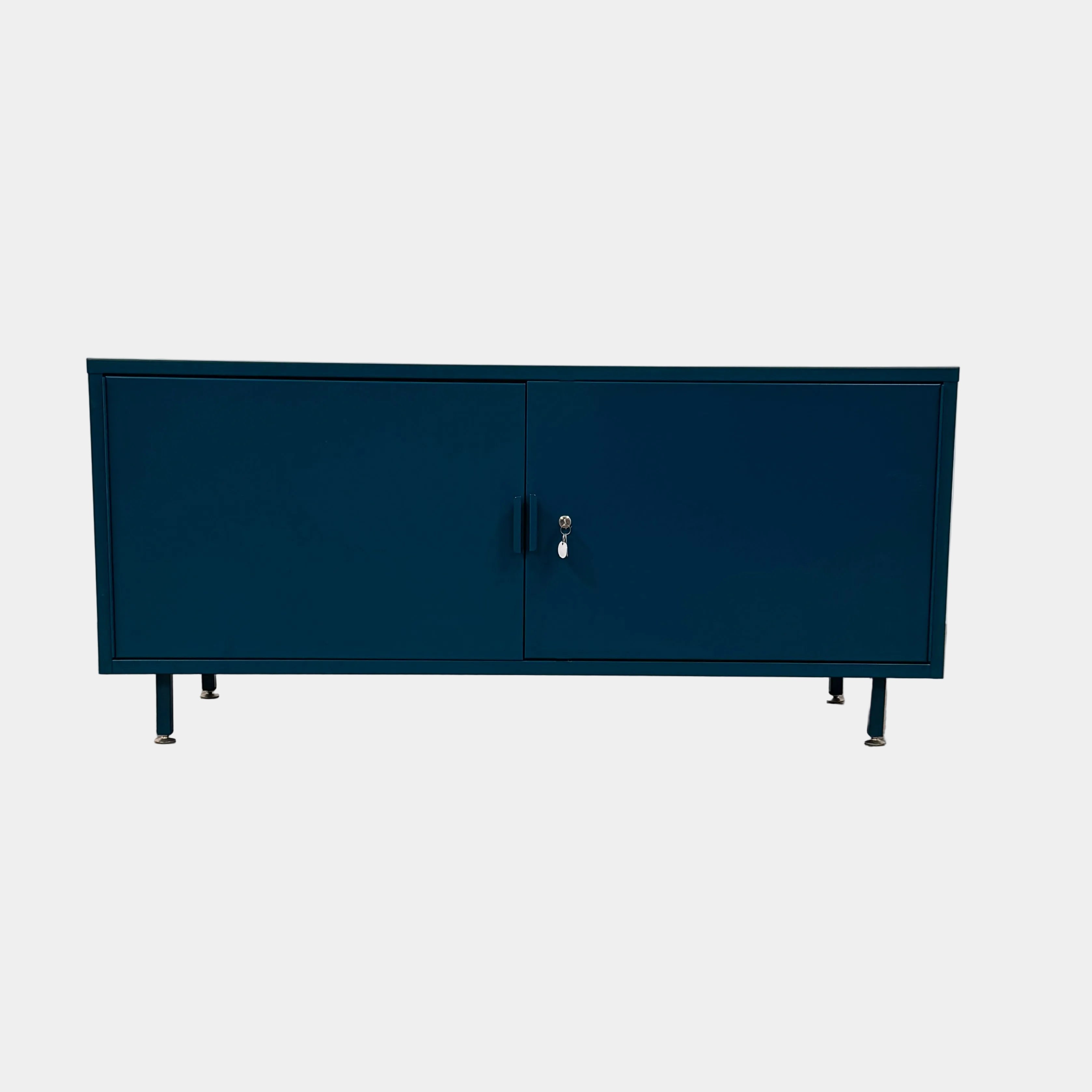 A blue metal Heartwork Active Duty Storage Credenza with two doors, a central lock, and four legs stands against a plain white background—this Heartwork piece offers durable construction ideal for workplace storage.