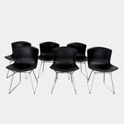 Eight Knoll Bertoia Molded Shell Chairs by Knoll, featuring black plastic seats and metal legs, are arranged in two rows on a white background, showcasing the sleek, timeless silhouette inspired by mid-century design.