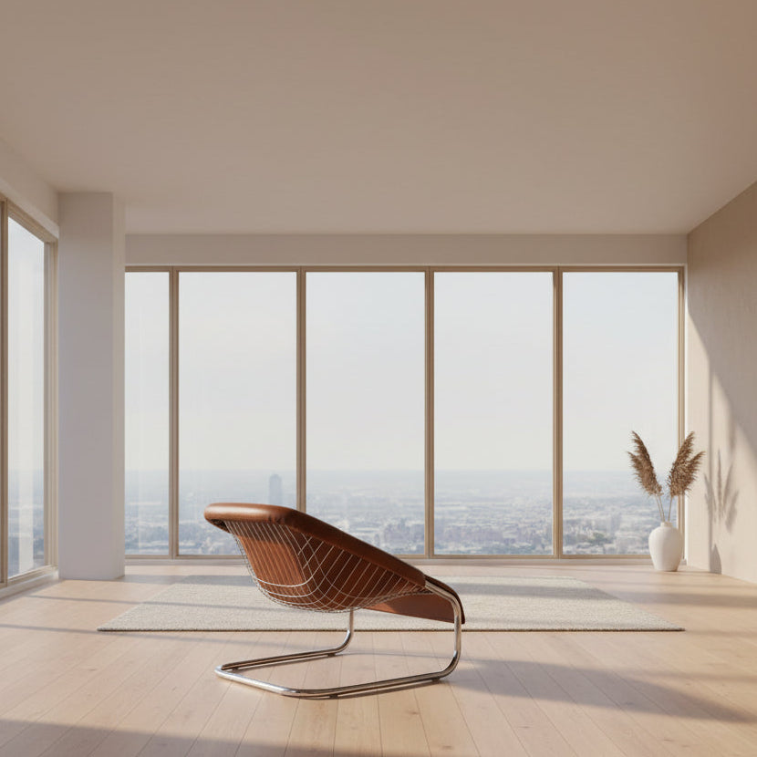 The Minotti Cortina Armchair by Minotti features luxurious brown leather upholstery and a gracefully curved seat, supported by a sleek chrome metal frame, and is showcased against a plain white background.