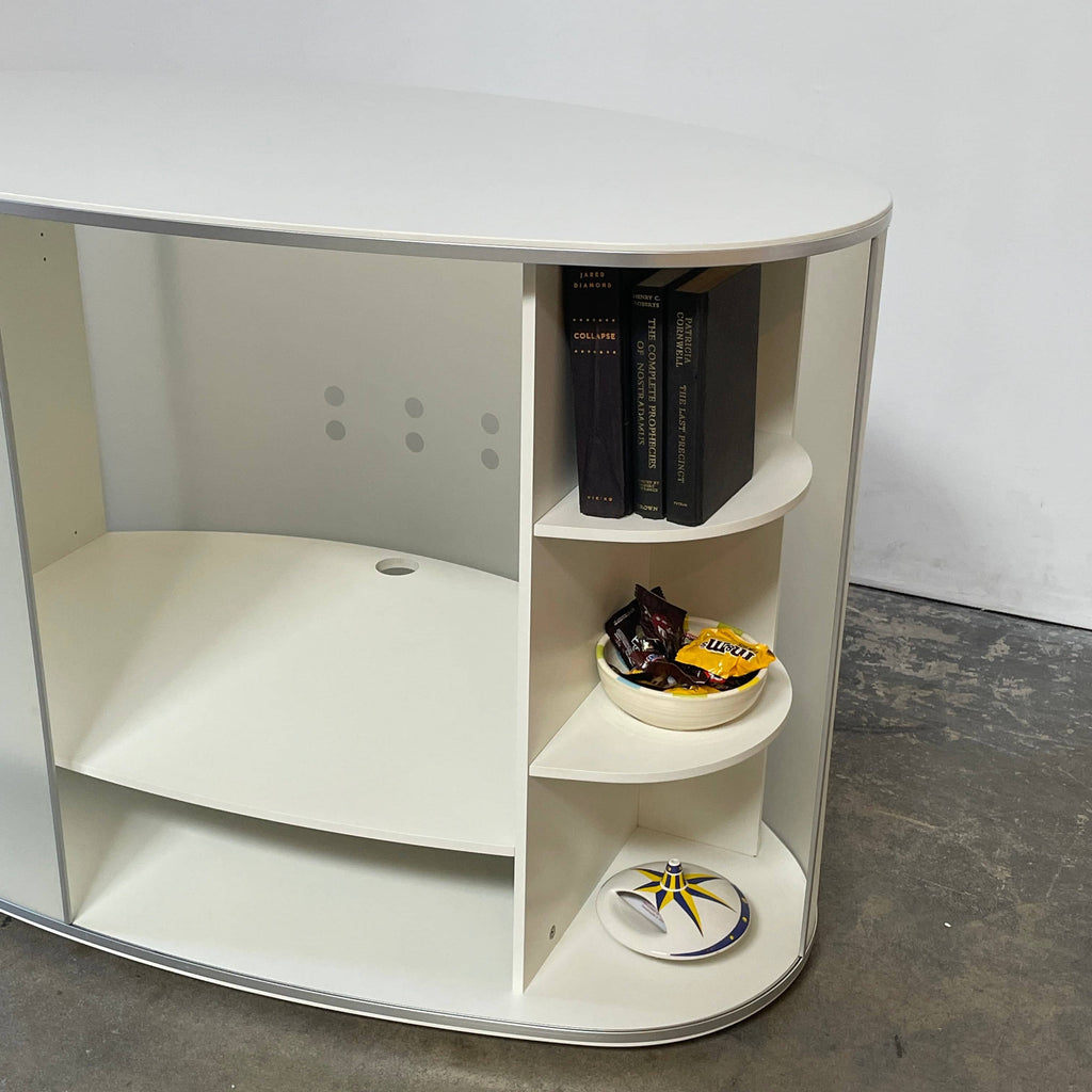 A sleek white Pastoe A'dame Media Console with shelves on it, designed by Pastoe. Perfect as a media console.