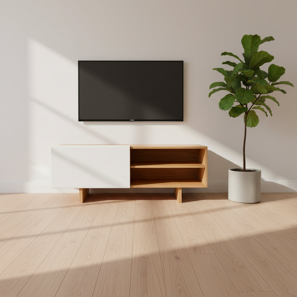 The Mash Studios LAXseries Media Console by Mash Studios is a modern wooden TV stand crafted from solid English walnut, featuring a sleek white sliding door, two open shelves with wire management for convenience, and distinctive angled legs, shown against a plain white background.