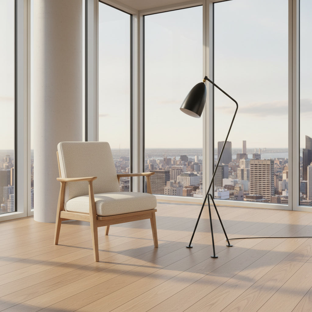 The Gubi Grashoppa Floor Lamp by Gubi, featuring a black finish, curved neck, tripod base, and bell-shaped shade inspired by the iconic Greta Grossman design, stands on a white background with its power cord visible.