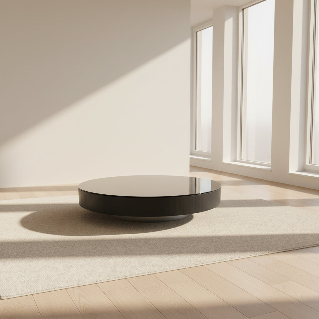 A large, round Minotti Milton Coffee Table in black rests on a polished concrete floor against a plain white wall, evoking the aesthetic of contemporary design.