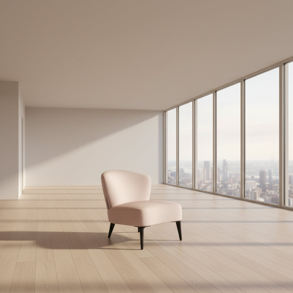 The Minotti Aston “Armchair” by Minotti features modern luxury with light pink upholstery and black wooden legs, showcased against a plain white background.