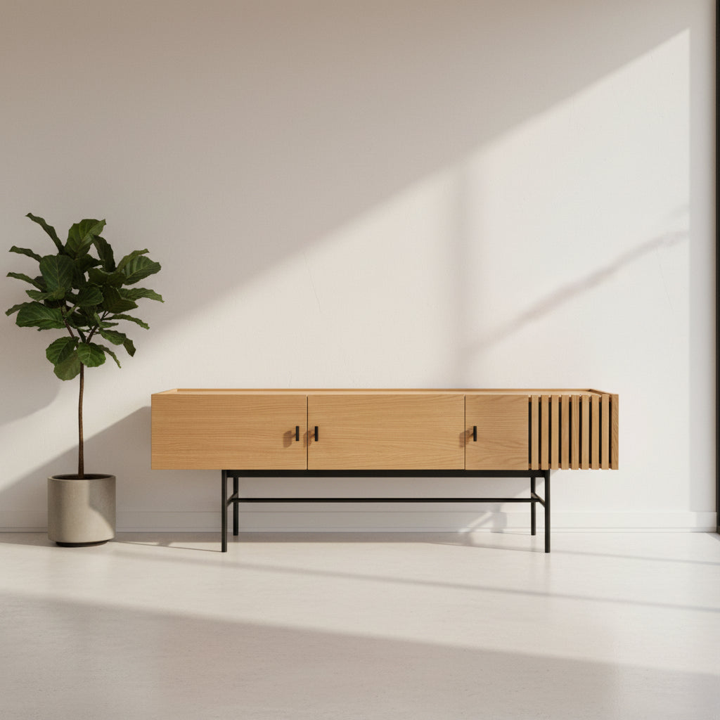 The Woud Array Low Sideboard in white pigmented oak by Modern Resale features three doors, black metal legs, and vertical slats on the right side, displayed against a plain white wall and concrete floor.