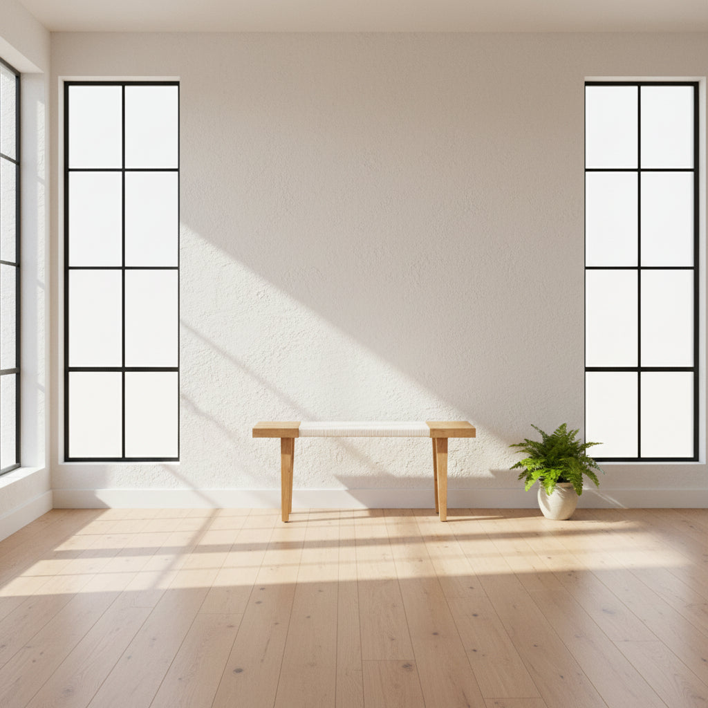 The Jenni Kayne Oak Day Bench by Jenni Kayne is a handcrafted White Oak piece with a minimalist design, featuring four legs and a light-colored woven seat, shown here on a polished concrete floor—an elegant addition to any Los Angeles furniture collection.