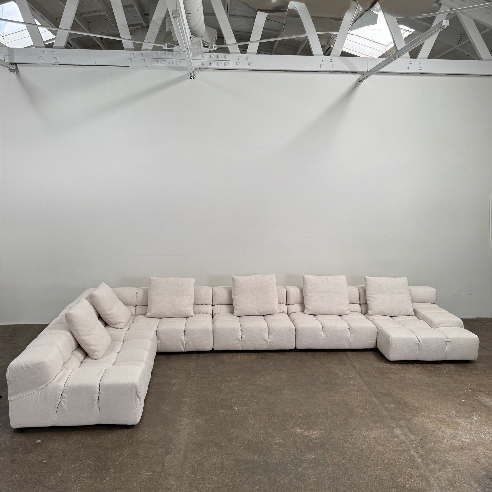 B&B Italia 5 Piece Tufty Time Sectional (r1) by B&B Italia, featuring a beige modular sofa with five numbered sections, each corresponding to detailed dimensions and descriptions listed below the image. Inspired by iconic designs such as the original B&B Italia sofa and Tufty Time sectional.