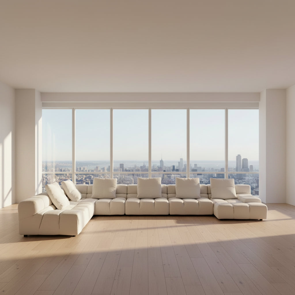 B&B Italia 5 Piece Tufty Time Sectional (r1) by B&B Italia, featuring a beige modular sofa with five numbered sections, each corresponding to detailed dimensions and descriptions listed below the image. Inspired by iconic designs such as the original B&B Italia sofa and Tufty Time sectional.