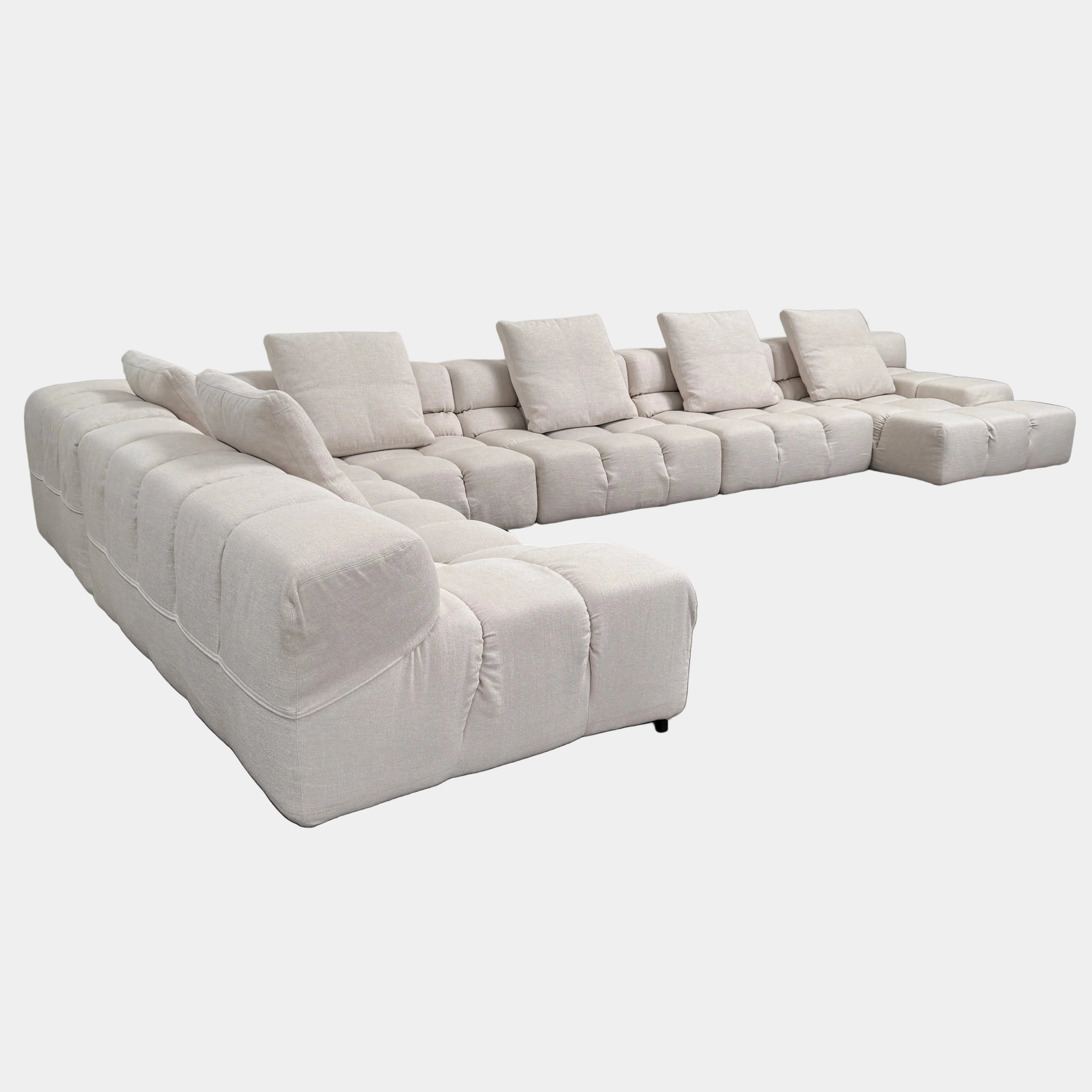 B&B Italia 5 Piece Tufty Time Sectional (r1) by B&B Italia, featuring a beige modular sofa with five numbered sections, each corresponding to detailed dimensions and descriptions listed below the image. Inspired by iconic designs such as the original B&B Italia sofa and Tufty Time sectional.