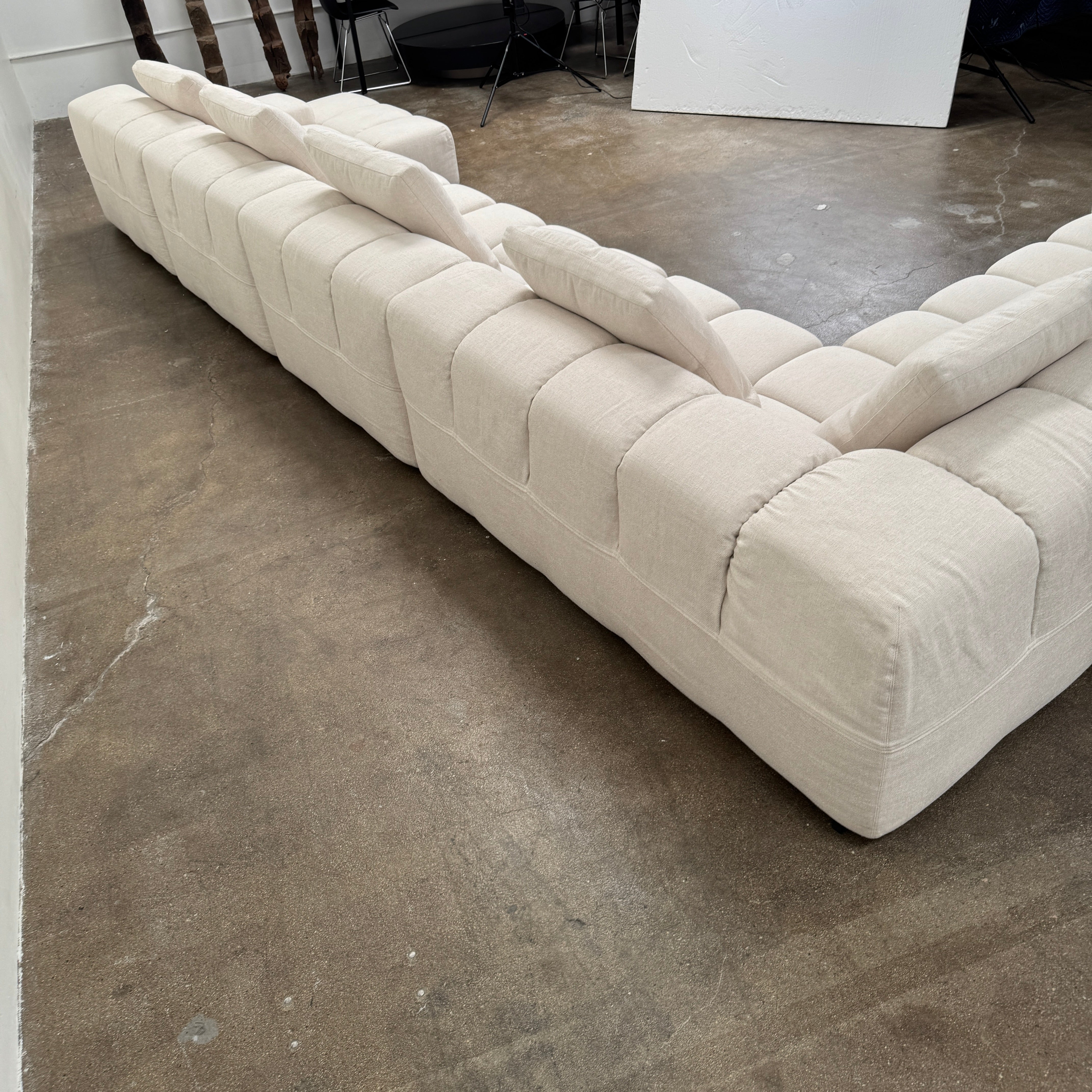 B&B Italia 5 Piece Tufty Time Sectional (r1) by B&B Italia, featuring a beige modular sofa with five numbered sections, each corresponding to detailed dimensions and descriptions listed below the image. Inspired by iconic designs such as the original B&B Italia sofa and Tufty Time sectional.