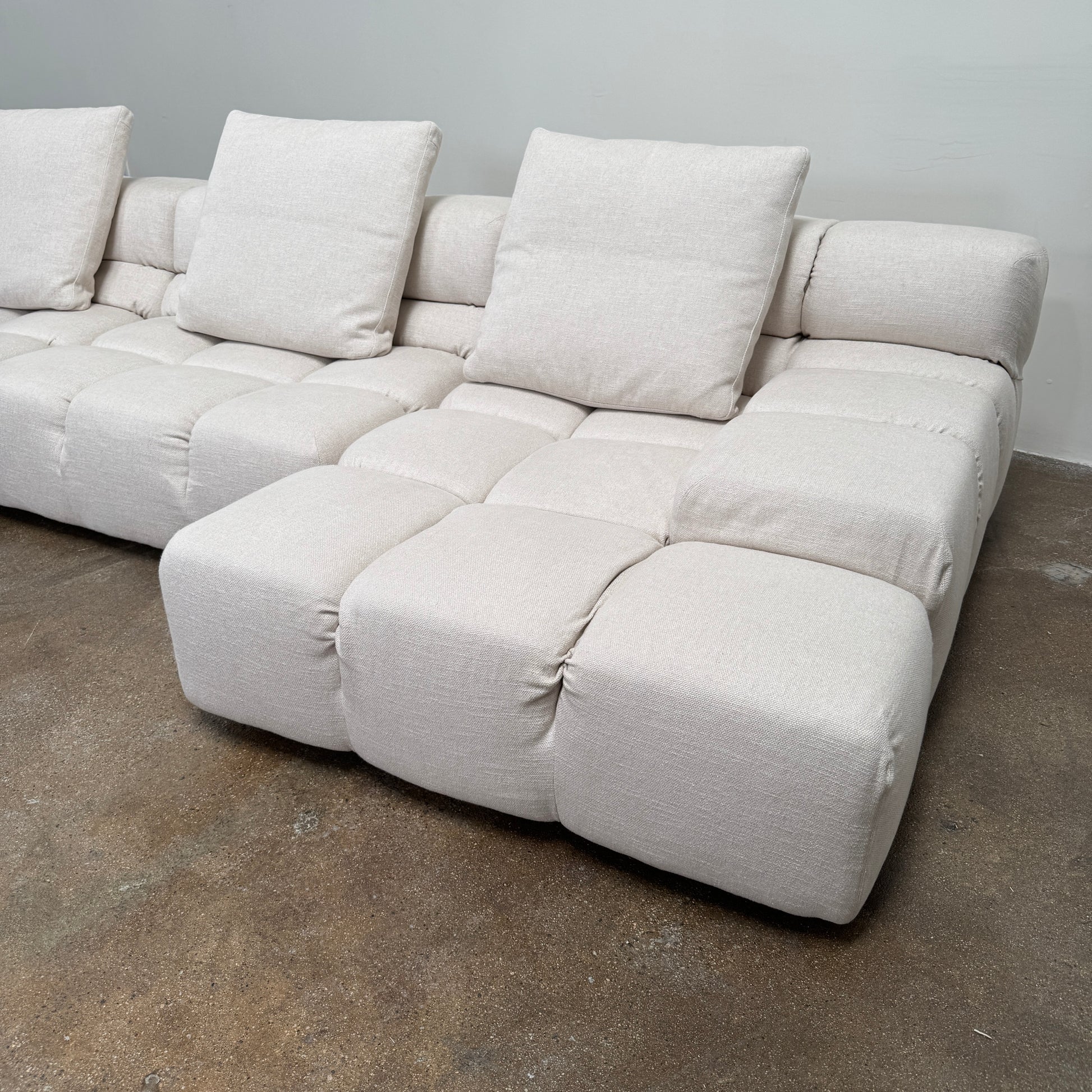 B&B Italia 5 Piece Tufty Time Sectional (r1) by B&B Italia, featuring a beige modular sofa with five numbered sections, each corresponding to detailed dimensions and descriptions listed below the image. Inspired by iconic designs such as the original B&B Italia sofa and Tufty Time sectional.