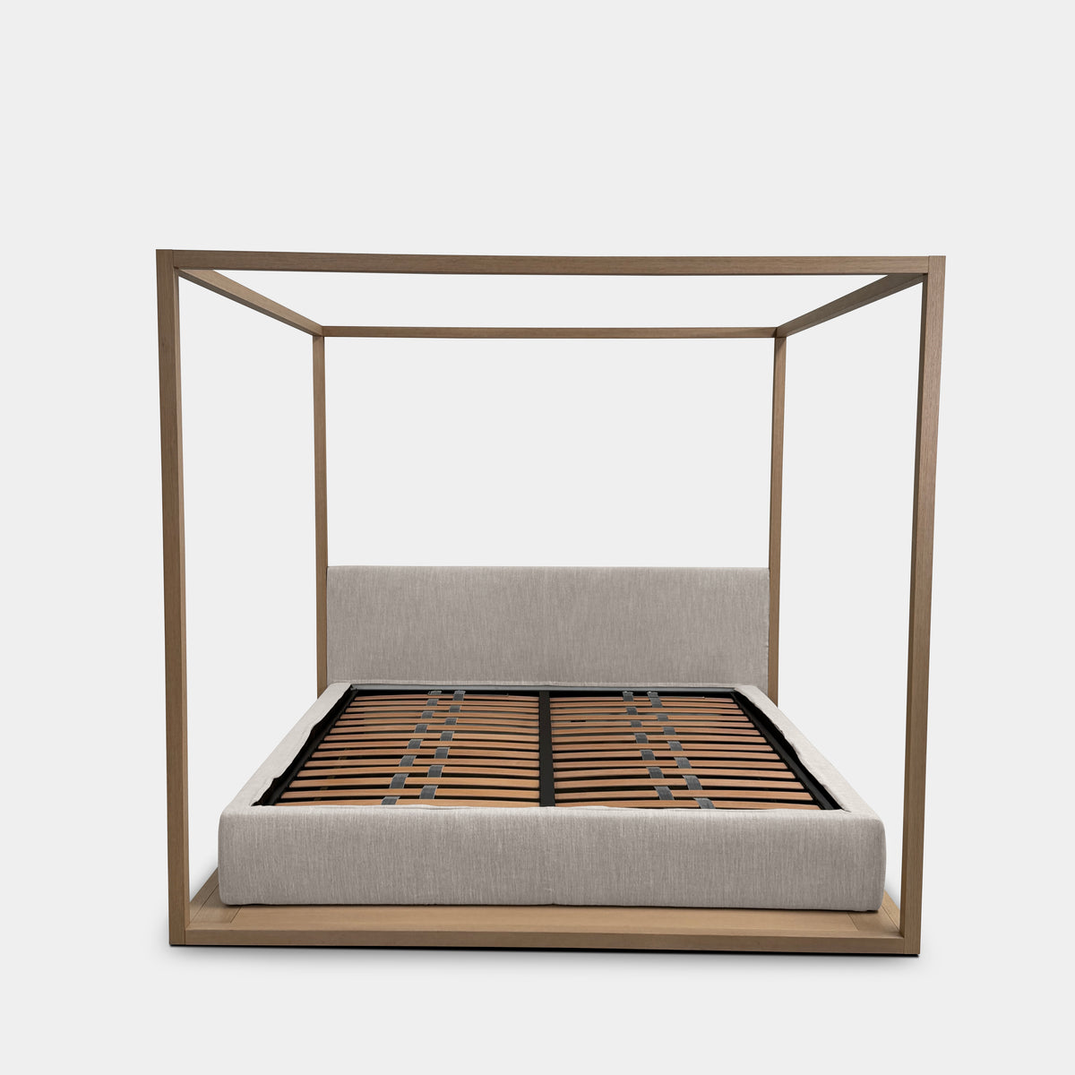 The Maxalto Alcova King Bed with Bench and Nightstands by Maxalto showcases a refined wooden structure, an upholstered headboard, and a slatted mattress base, capturing modern canopy bed design inspired by Antonio Citterio—displayed against a plain white background.