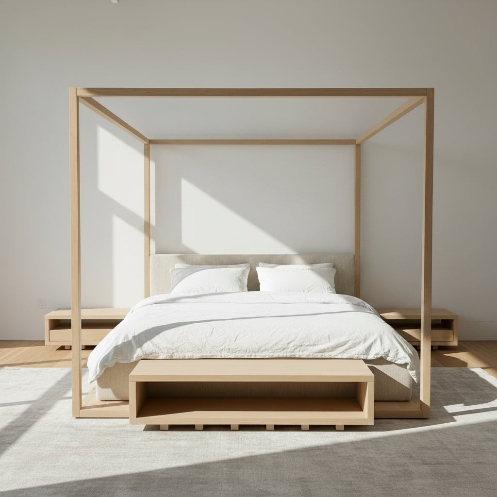 The Maxalto Alcova King Bed with Bench and Nightstands by Maxalto showcases a refined wooden structure, an upholstered headboard, and a slatted mattress base, capturing modern canopy bed design inspired by Antonio Citterio—displayed against a plain white background.
