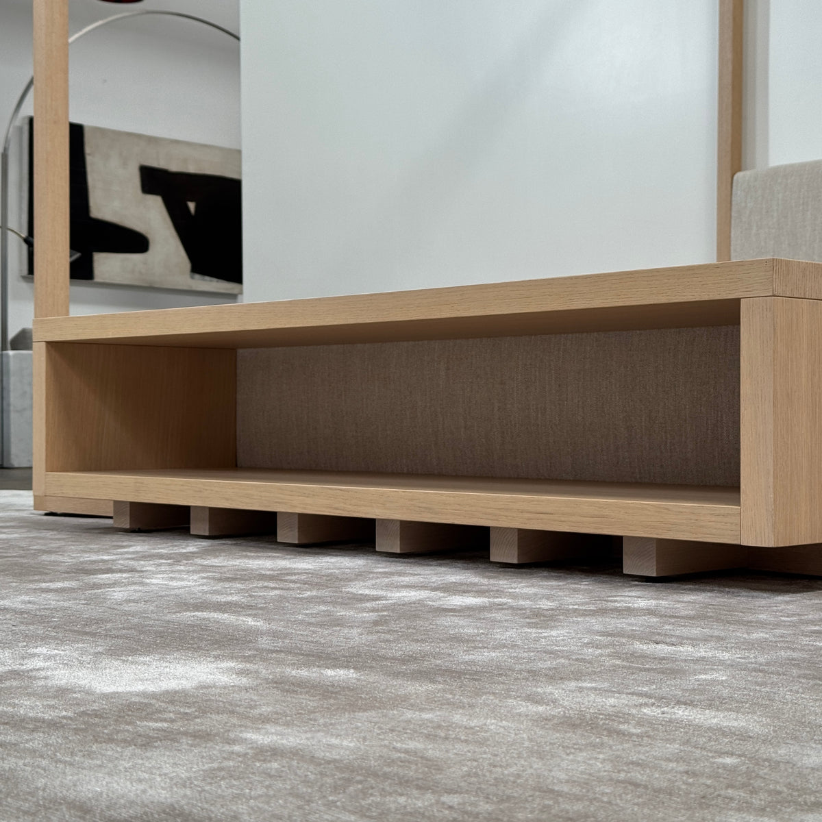 The Maxalto Alcova King Bed with Bench and Nightstands by Maxalto showcases a refined wooden structure, an upholstered headboard, and a slatted mattress base, capturing modern canopy bed design inspired by Antonio Citterio—displayed against a plain white background.