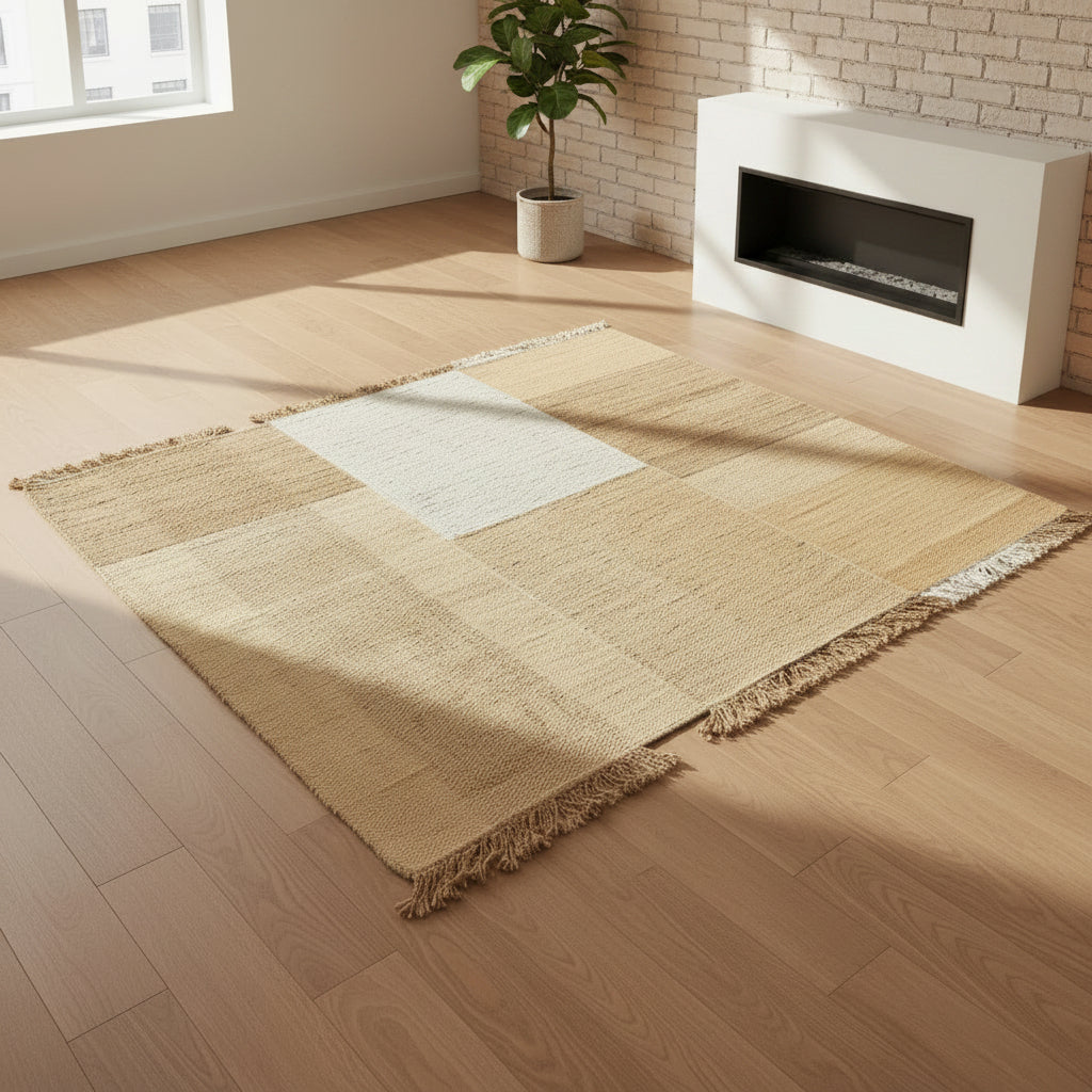 A rectangular Nanimarquina Tres Rug in Ocher, showcasing a patchwork design in warm beige and brown hues, is displayed on a concrete floor. This artisanal piece by Nanimarquina features hand-woven techniques and decorative fringe along two opposite edges, reminiscent of the brand’s signature style.