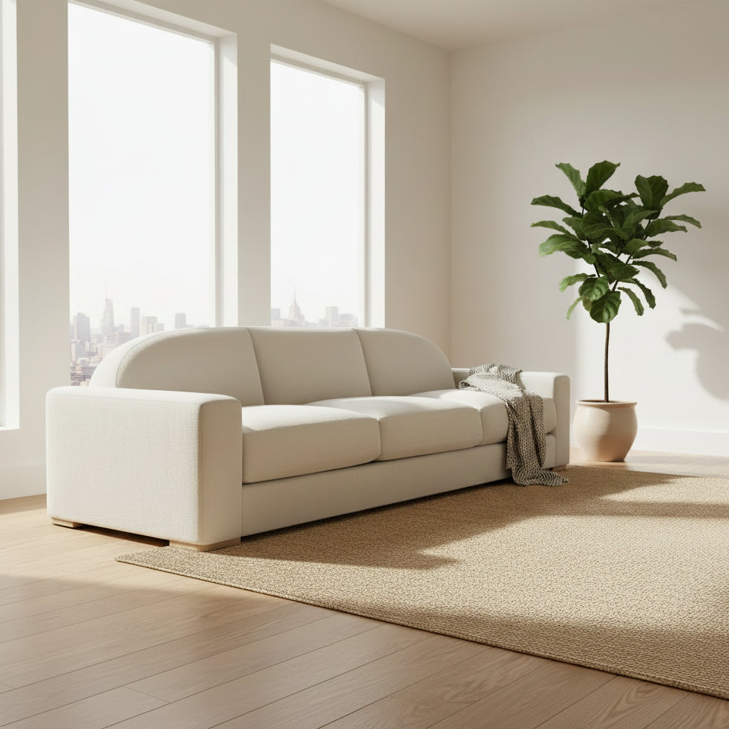 The Dmitriy & Co. Erato Sofa by Dimitriy & Co is a light gray three-seater featuring low arms and wooden feet, showcased against a plain white background—an elegant example of bespoke furnishings and couture upholstery.