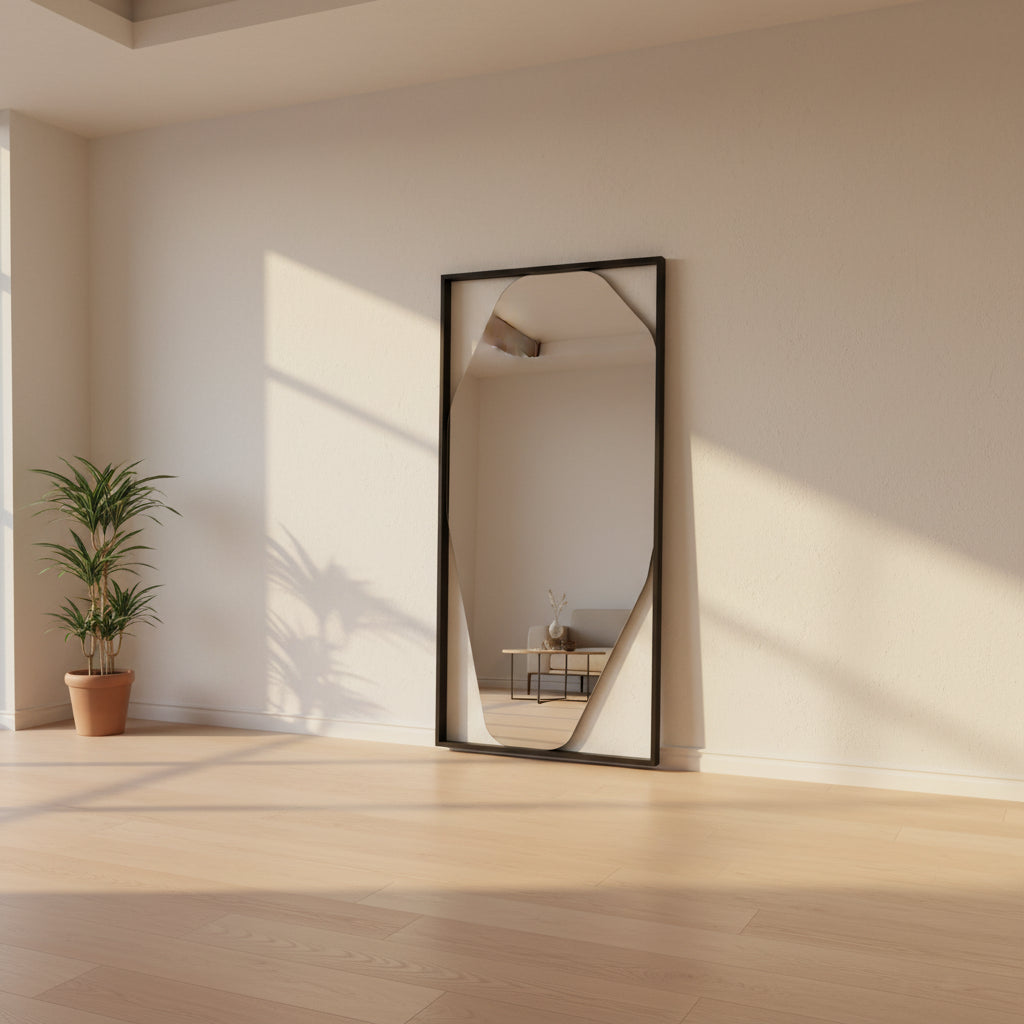 Rectangular wall mirror featuring a geometric, irregular octagonal silhouette set in a slim black metal frame against a minimalist backdrop—introducing the Ligne Roset Belize Mirror by Ligne Roset, an effortlessly modern statement piece for any space.