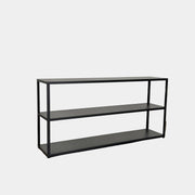 The Hay New Order System Shelves by Hay is a black, metal-framed, two-shelf open bookcase featuring a minimalist design inspired by Scandinavian aesthetics, shown against a plain white background.