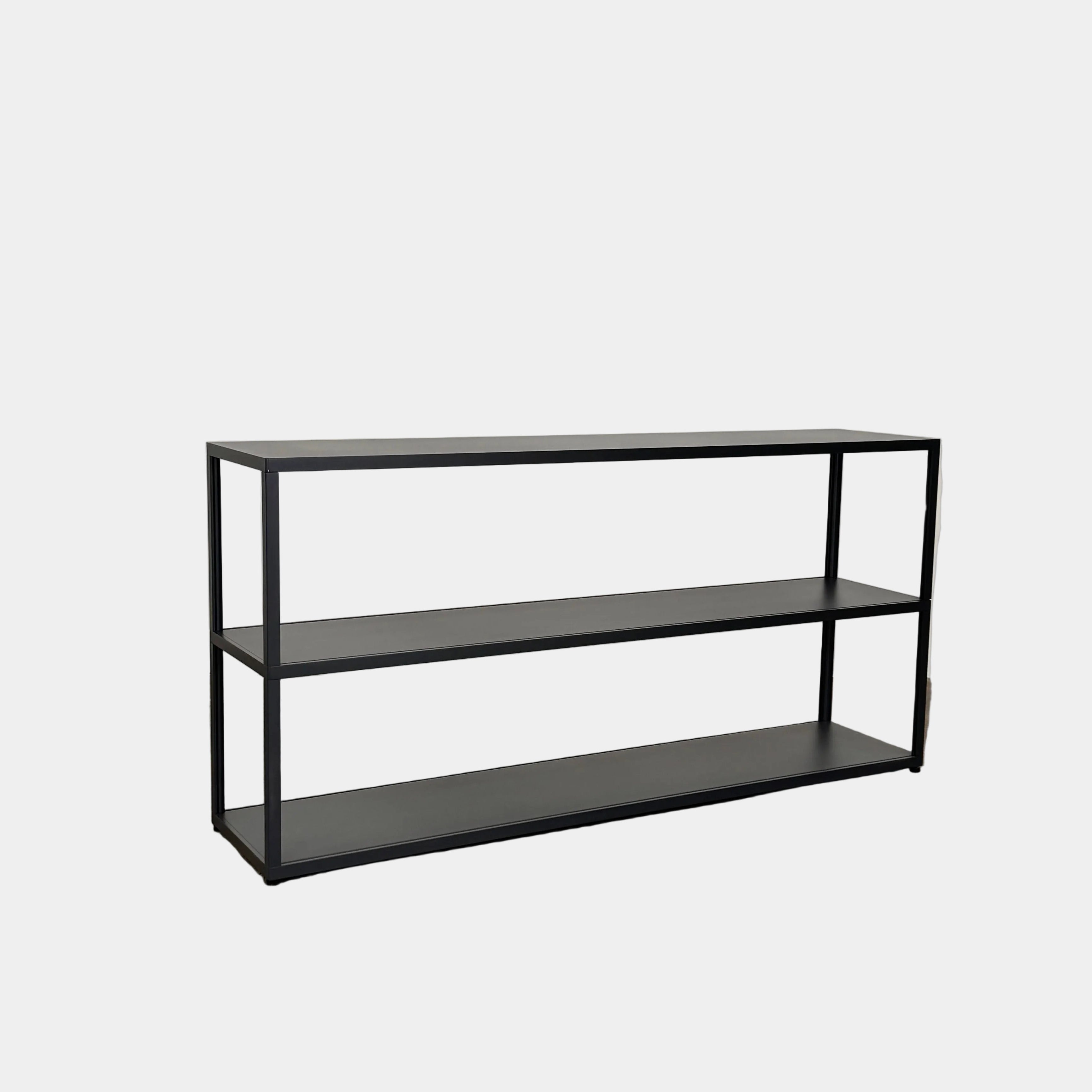 The Hay New Order System Shelves by Hay is a black, metal-framed, two-shelf open bookcase featuring a minimalist design inspired by Scandinavian aesthetics, shown against a plain white background.
