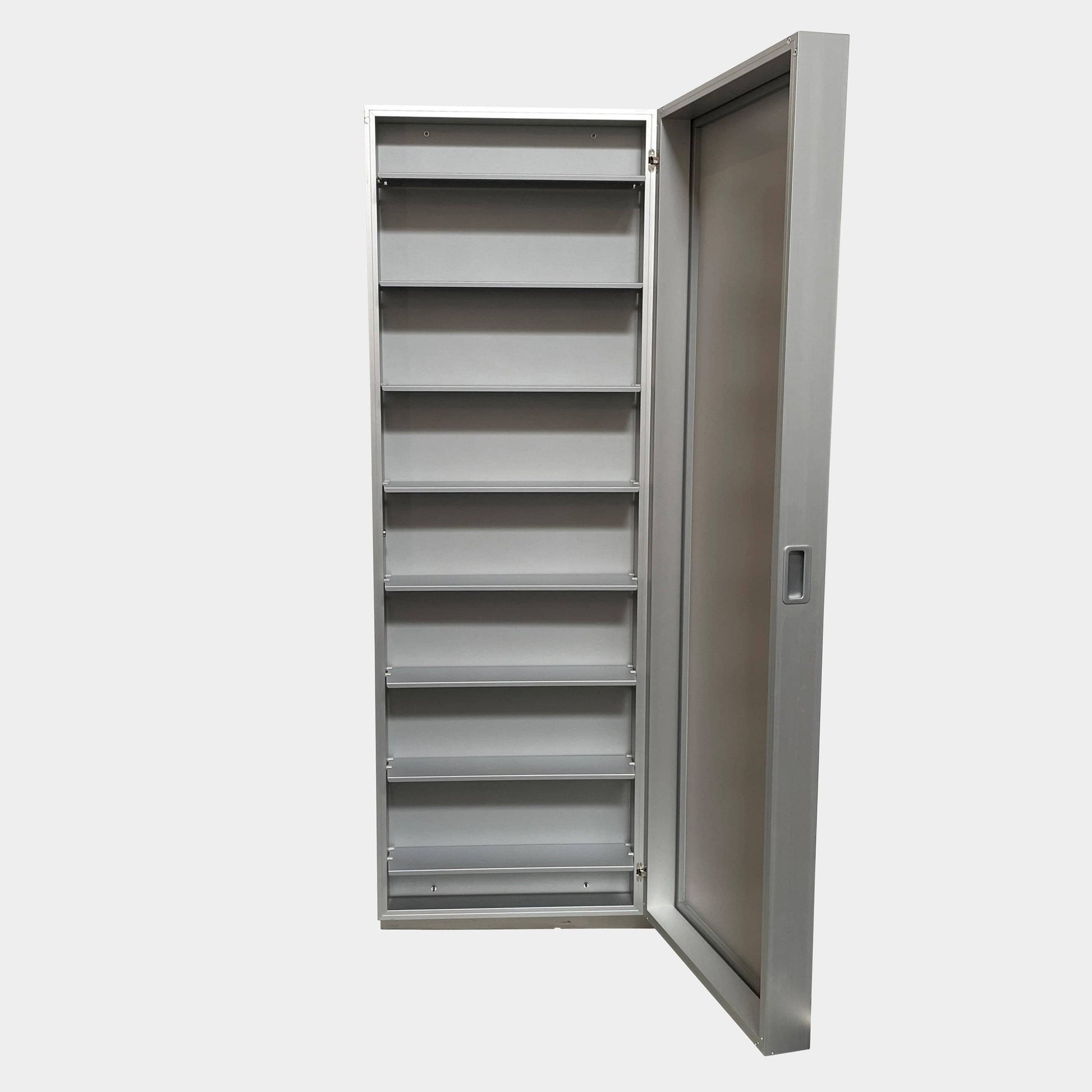 A Bellato Box Mirror Cabinet, featuring a rectangular, full-length design with a thin silver frame, stands elegantly against a plain light gray background.