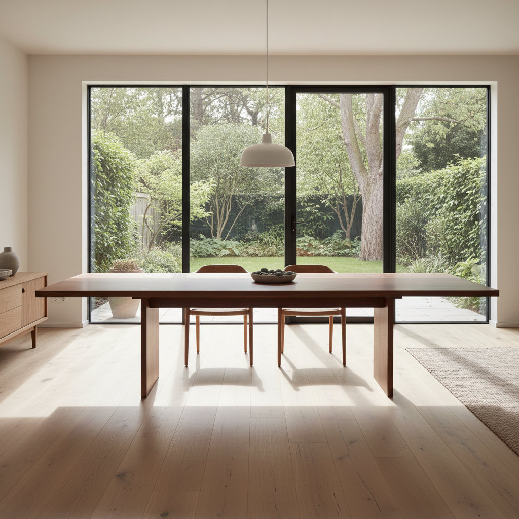 The DK3 Gather Table - Walnut by Dk3 features a rectangular shape with a split plank design, elevated on a single central pedestal base and crafted from solid walnut; it is displayed on a polished concrete floor against a plain white wall.