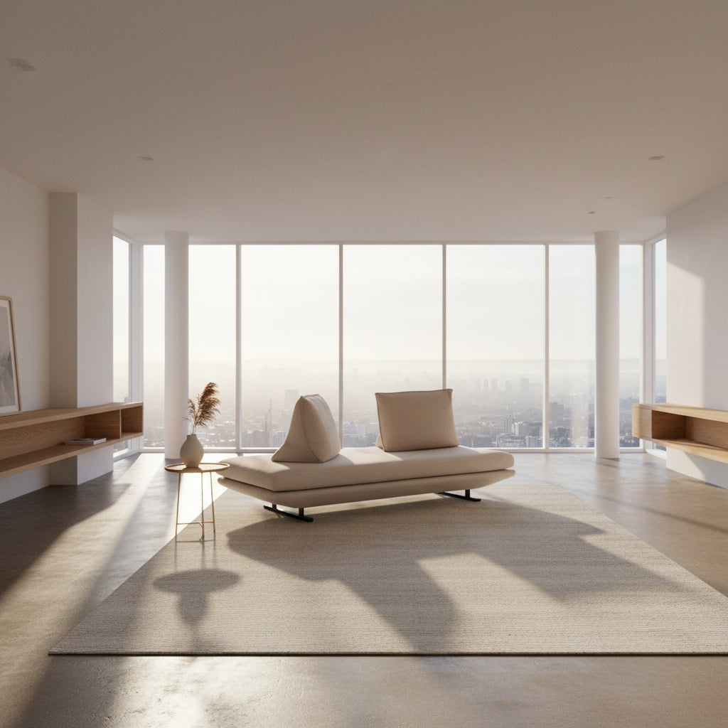 Ligne Roset Prado Sofa with 2 Backrests by Ligne Roset, featuring a beige modern design, two rectangular back cushions, and black angled legs, offering flexible seating options and set against a plain white background.