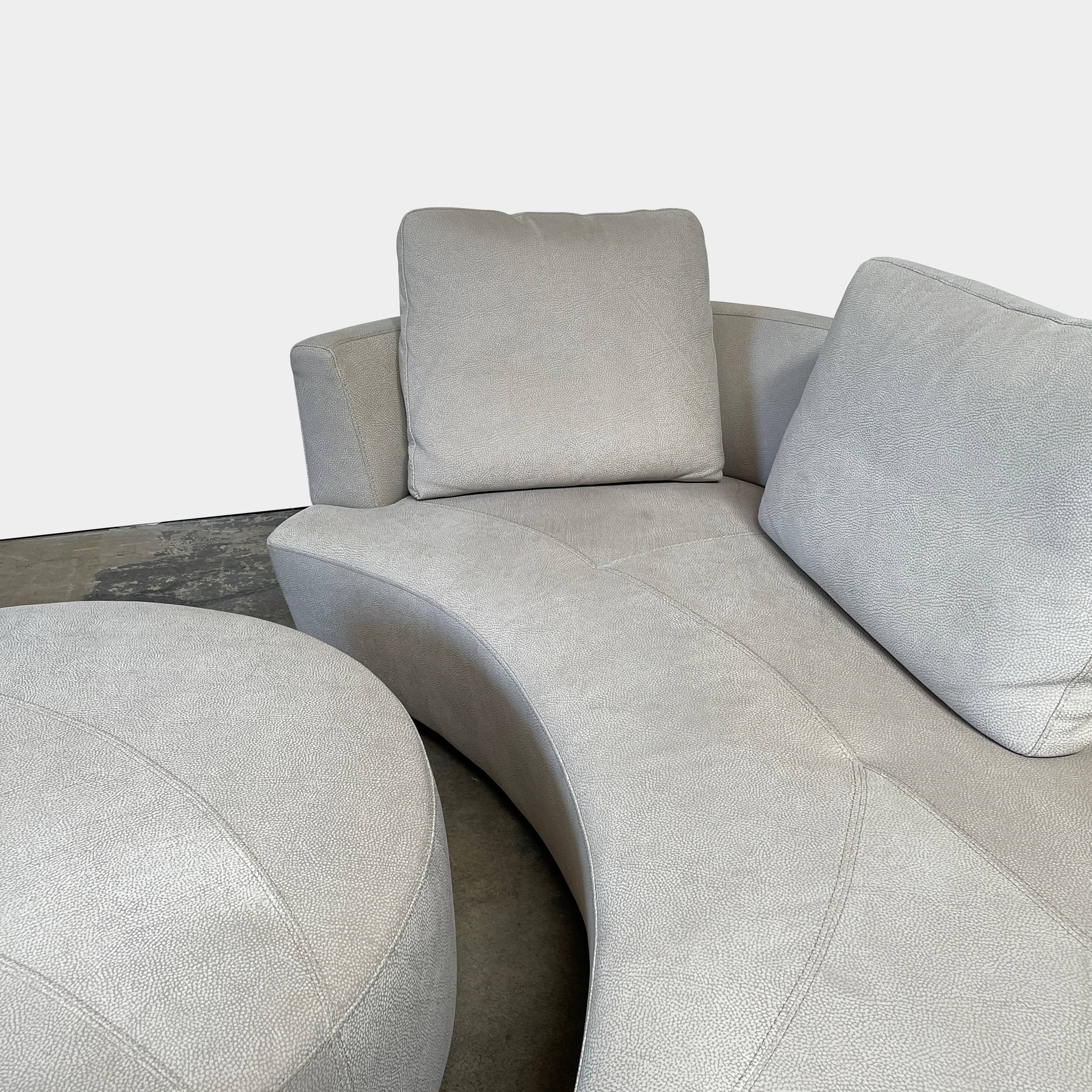 A Roche Bobois Digital Sofa and Ottoman, featuring a curved grey sectional design with three cushions and an additional round ottoman, set against a plain white background.
