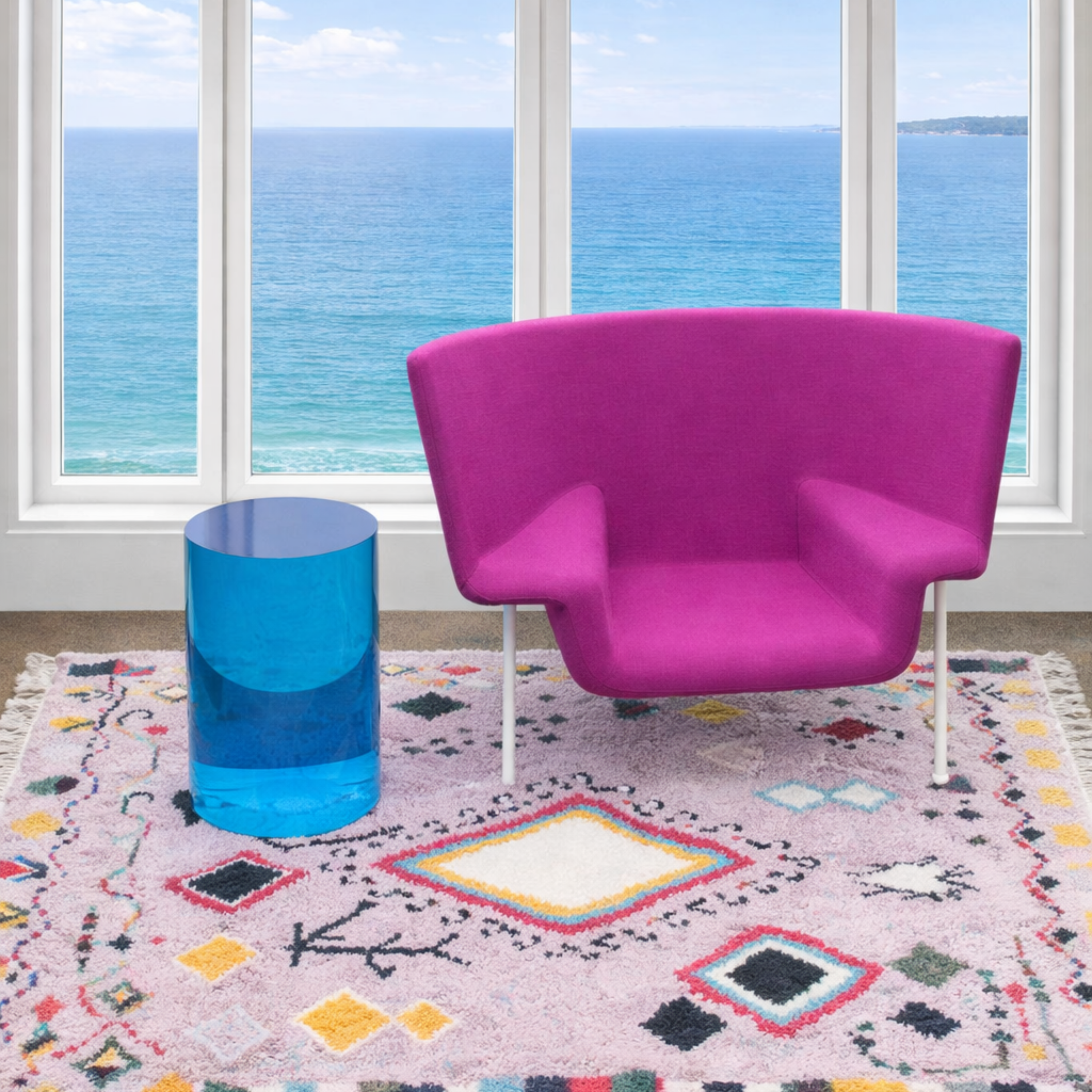 The Jonathan Adler blue acrylic cylindrical table stands upright on a white background, featuring smooth sides and a flat top that evoke the brand’s modern, chic design aesthetic.