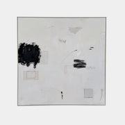 Painting: Abstract by Kimberly Moore from Artist features bold black brush strokes, faint geometric shapes, and subtle lines in black and white, leaning against a white wall on a concrete floor.