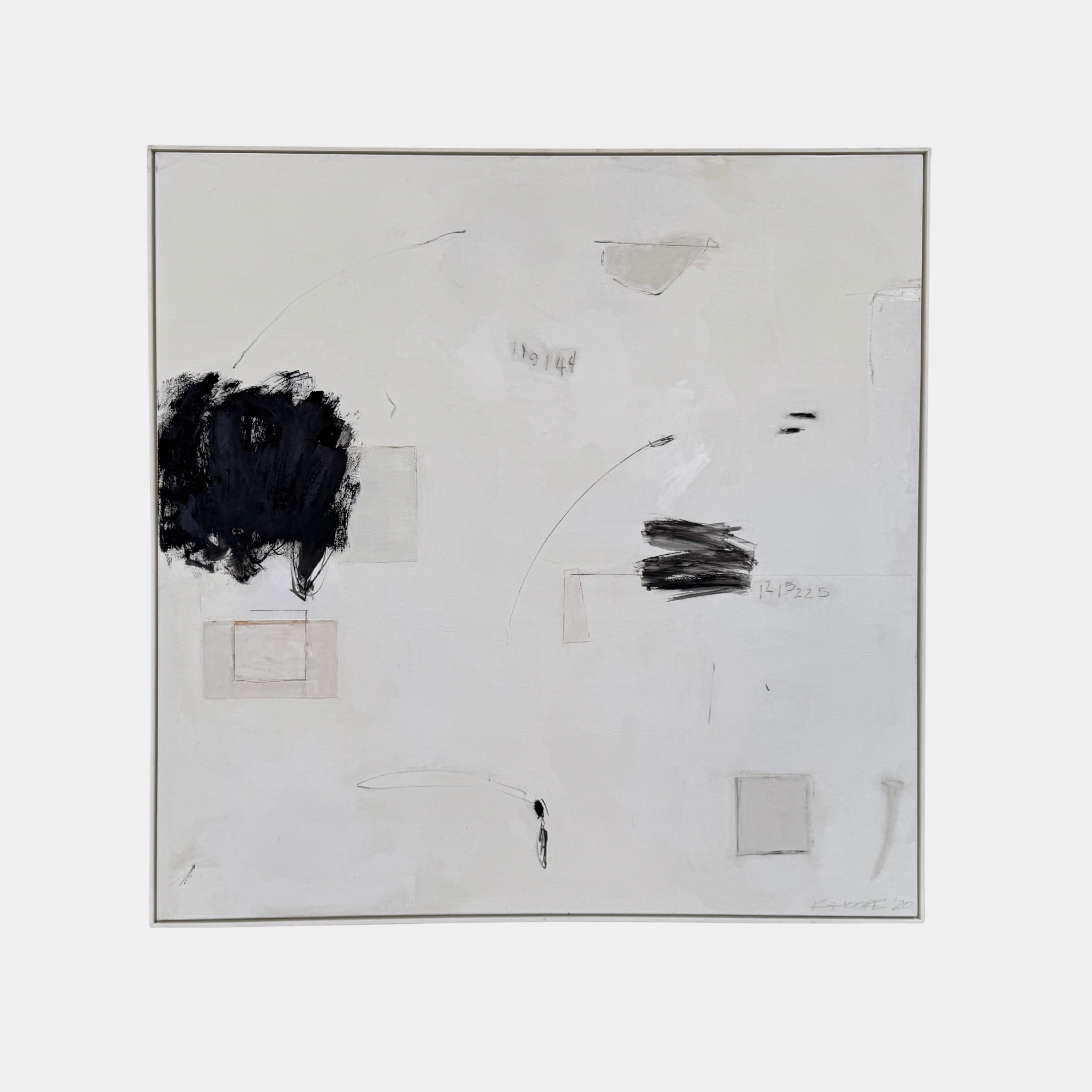 Painting: Abstract by Kimberly Moore from Artist features bold black brush strokes, faint geometric shapes, and subtle lines in black and white, leaning against a white wall on a concrete floor.