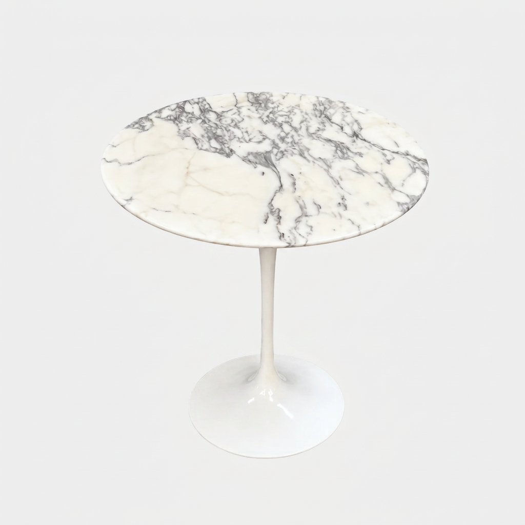 Round Knoll Saarinen Arabescato Marble Top Side Table with a single pedestal base.