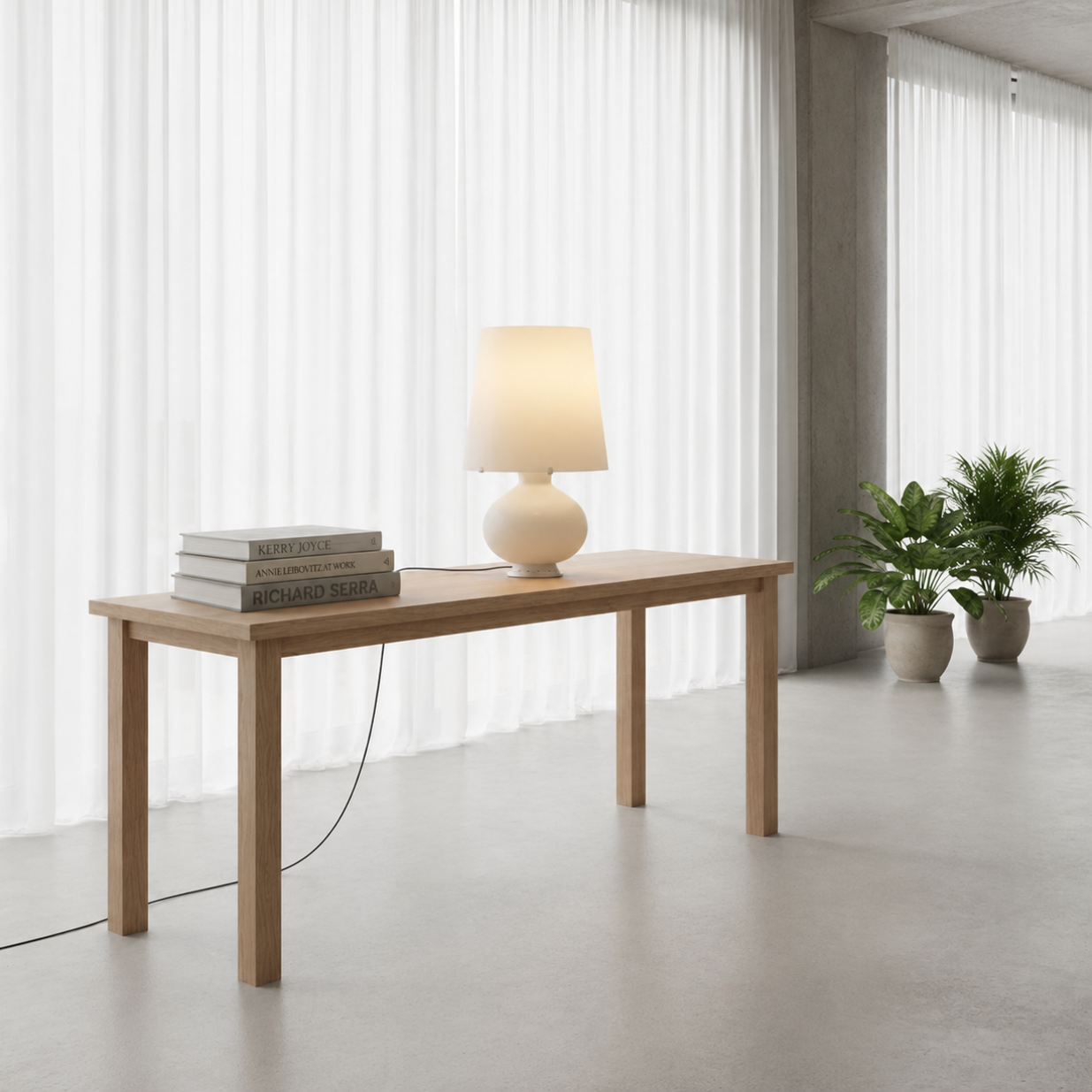 The Fontana Arte Table Lamp - Medium by Fontana Arte features a modernist design with a round base and wide, tapered lampshade, displayed against a plain light background.