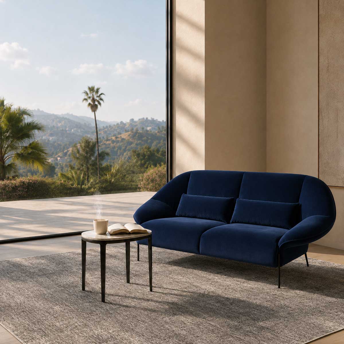 The Ligne Roset Paipaï Sofa by Ligne Roset features deep blue velvet, curved edges, slim black legs, premium foam construction, and two matching rectangular cushions for a cocoon-like seat against a light background.