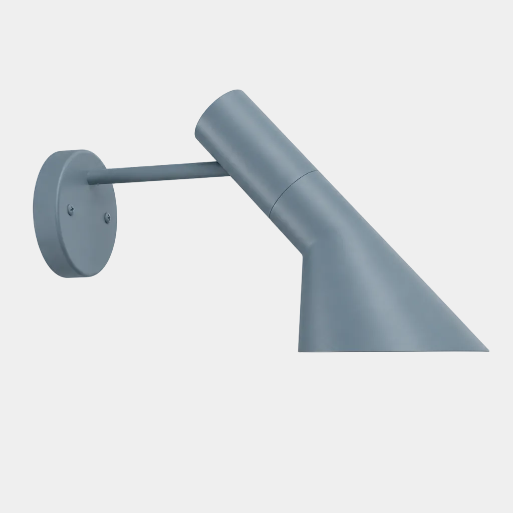 A gray Louis Poulsen AJ wall sconce with an adjustable conical shade.