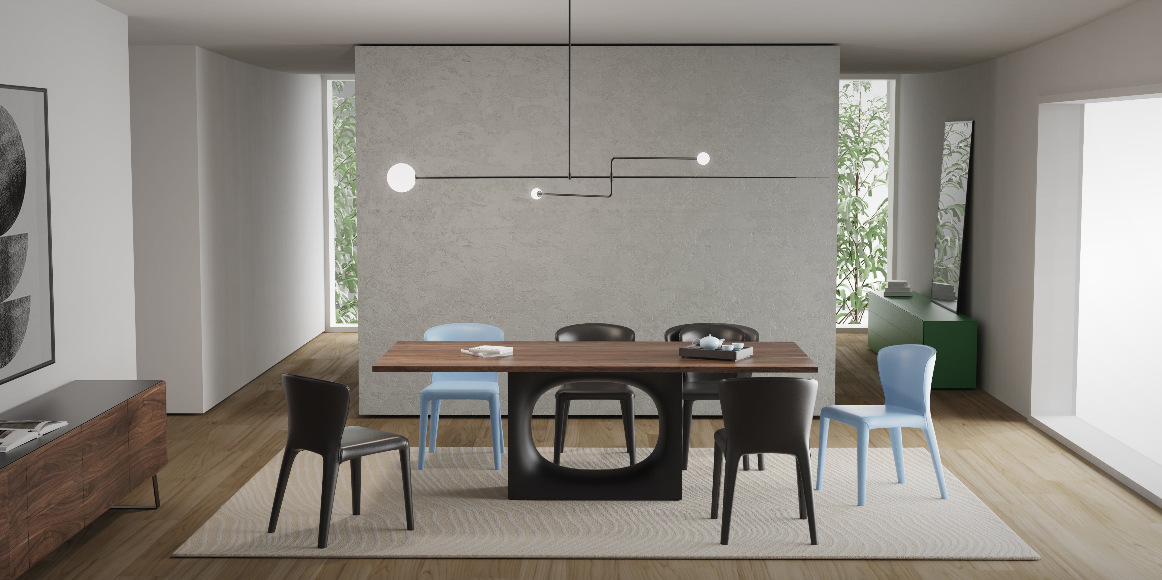 An image of a dining room with a table and chairs.