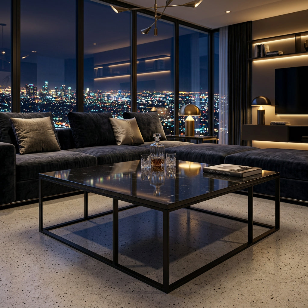 Square Maxalto Lithos coffee table with a black marble top and a black metal frame.