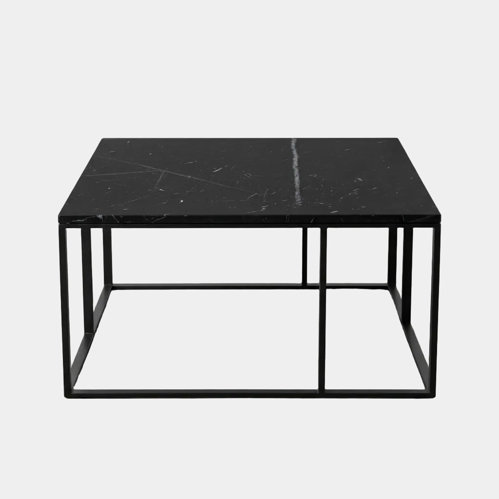 Square Maxalto Lithos coffee table with a black marble top and a black metal frame.