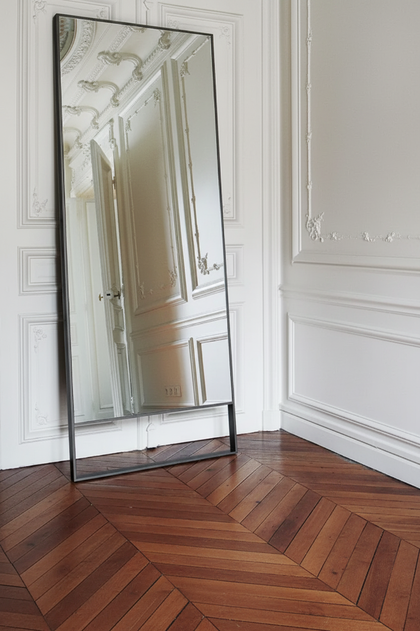 The Maxalto Psiche Mirror SMS1 Bronze Nickel stands elegantly against a light gray background, showcasing a full-length rectangular design with a slim frame—an ideal luxury leaning mirror for contemporary interiors.