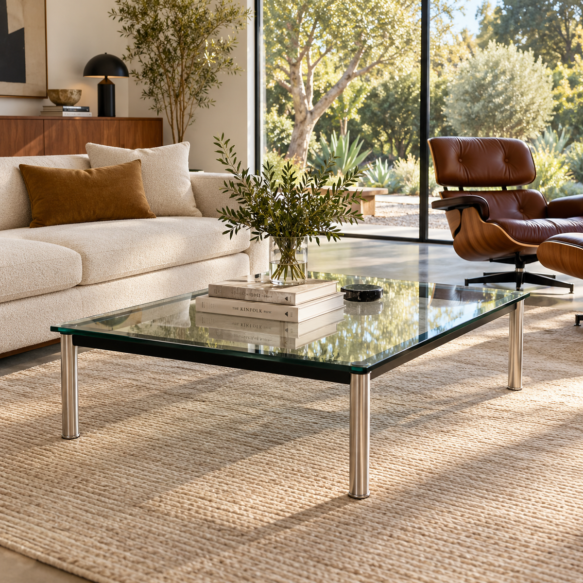 Cassina LC10 Low Glass Table featuring a low, square glass top, black frame, and four tubular metal legs in a mid-century modern style.