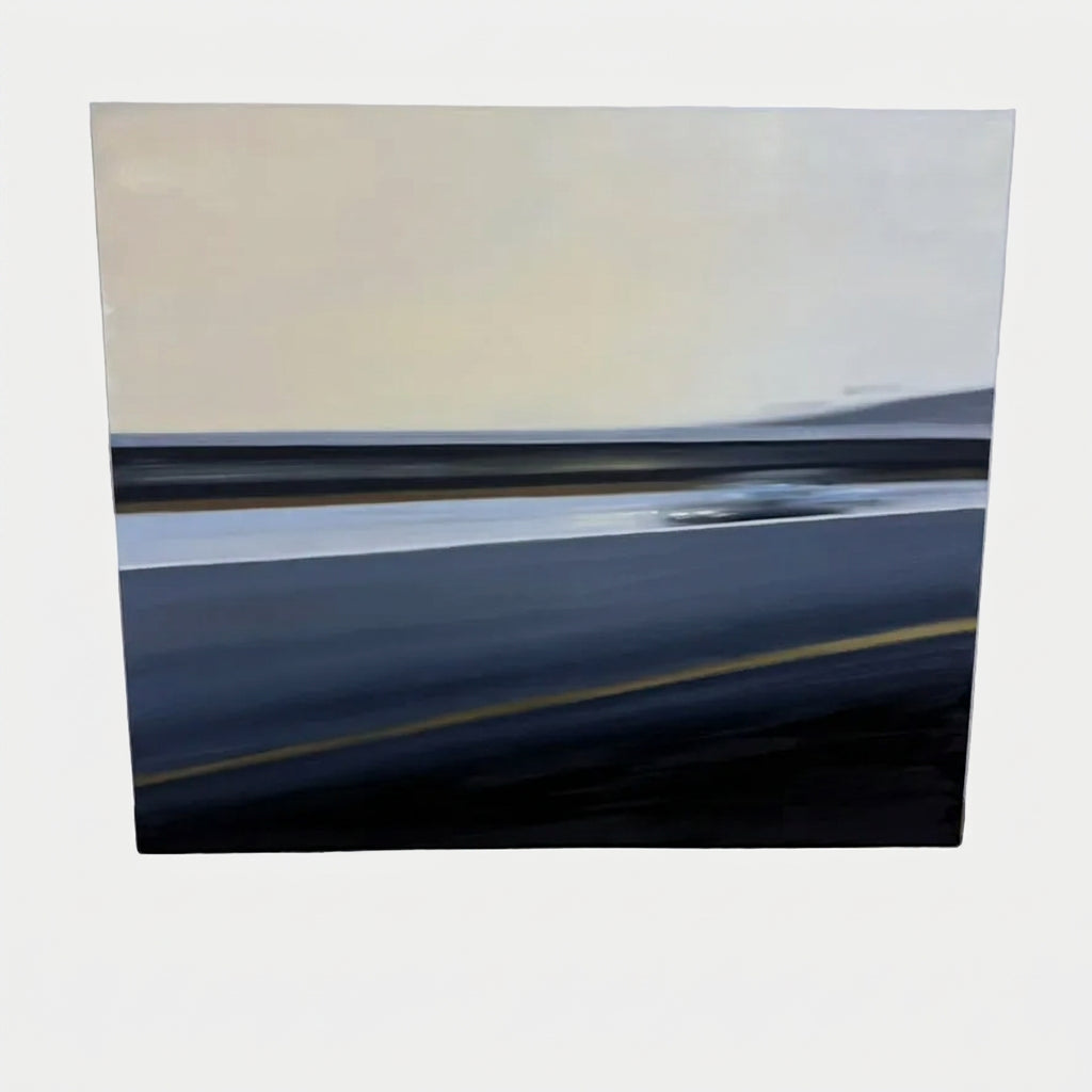 An abstract oil on canvas painting by Miguel Osuna titled “Chase,” depicting a blurred vehicle moving across a dark road against a pale, overcast sky.