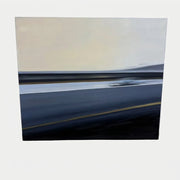 An abstract oil on canvas painting by Miguel Osuna titled “Chase,” depicting a blurred vehicle moving across a dark road against a pale, overcast sky.