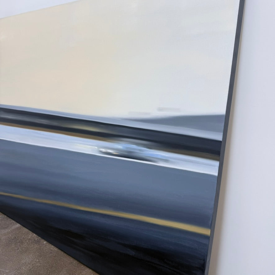 An abstract oil on canvas painting by Miguel Osuna titled “Chase,” depicting a blurred vehicle moving across a dark road against a pale, overcast sky.