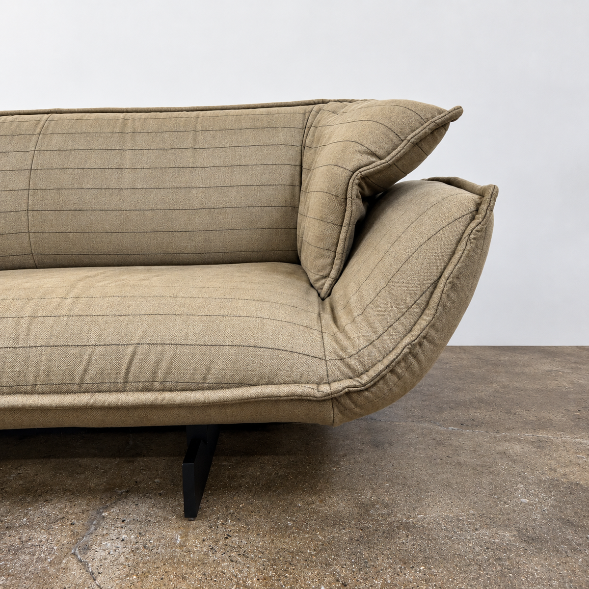 Two tan upholstered Cassina Beam Sectional Sofa with Corner Table sections connected by a rectangular wooden corner table.
