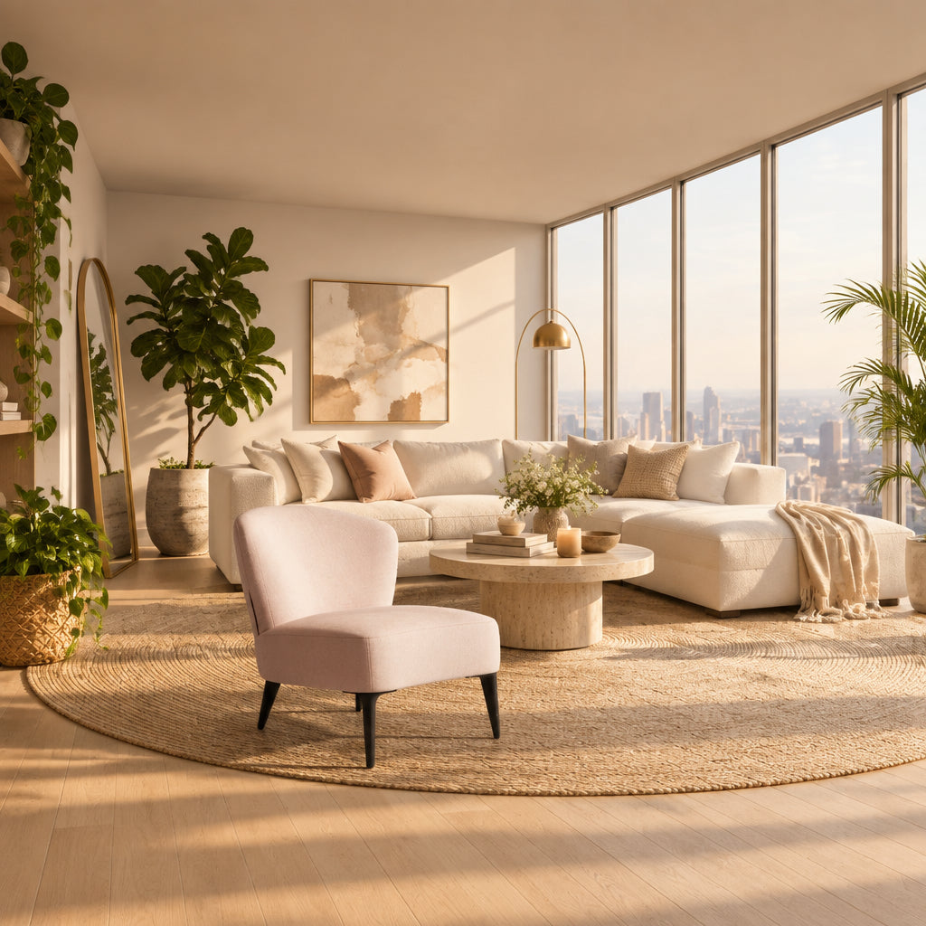 The Minotti Aston “Armchair” by Minotti features modern luxury with light pink upholstery and black wooden legs, showcased against a plain white background.