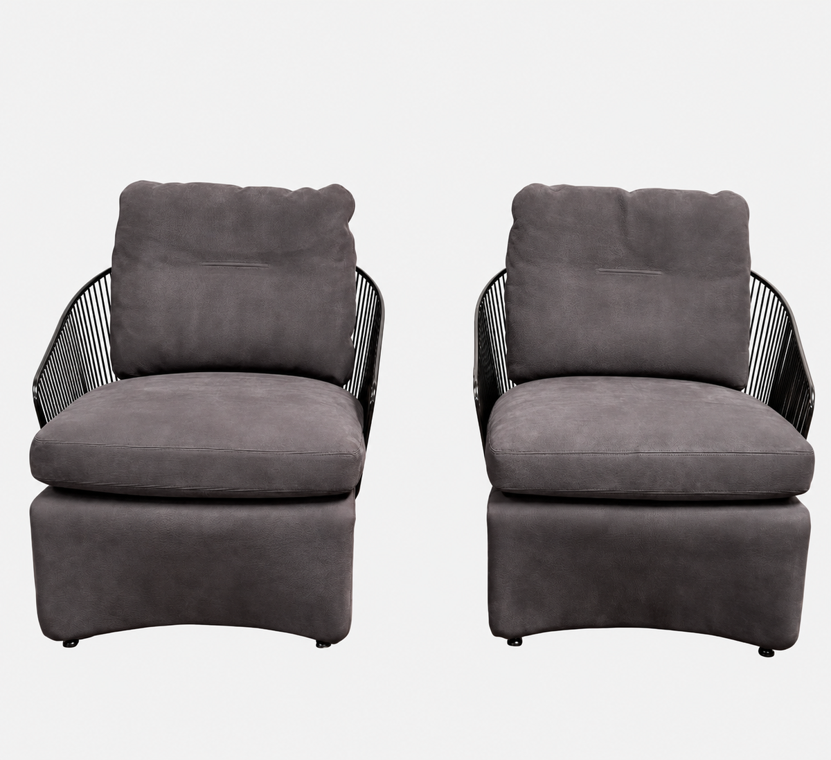 A set of two Minotti Colette Lounge Chairs by Minotti is displayed side by side against a plain white background. Each chair showcases luxurious gray nubuck leather upholstery and sleek black metal armrests, elegantly capturing the timeless mid-century silhouette characteristic of the iconic design.
