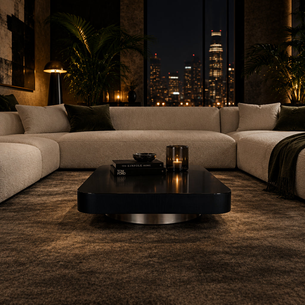 The Minotti Milton Coffee Table by Minotti, featuring a low, square silhouette with rounded corners and a flat surface, stands against a plain white background and embodies contemporary design with an understated sculptural elegance.