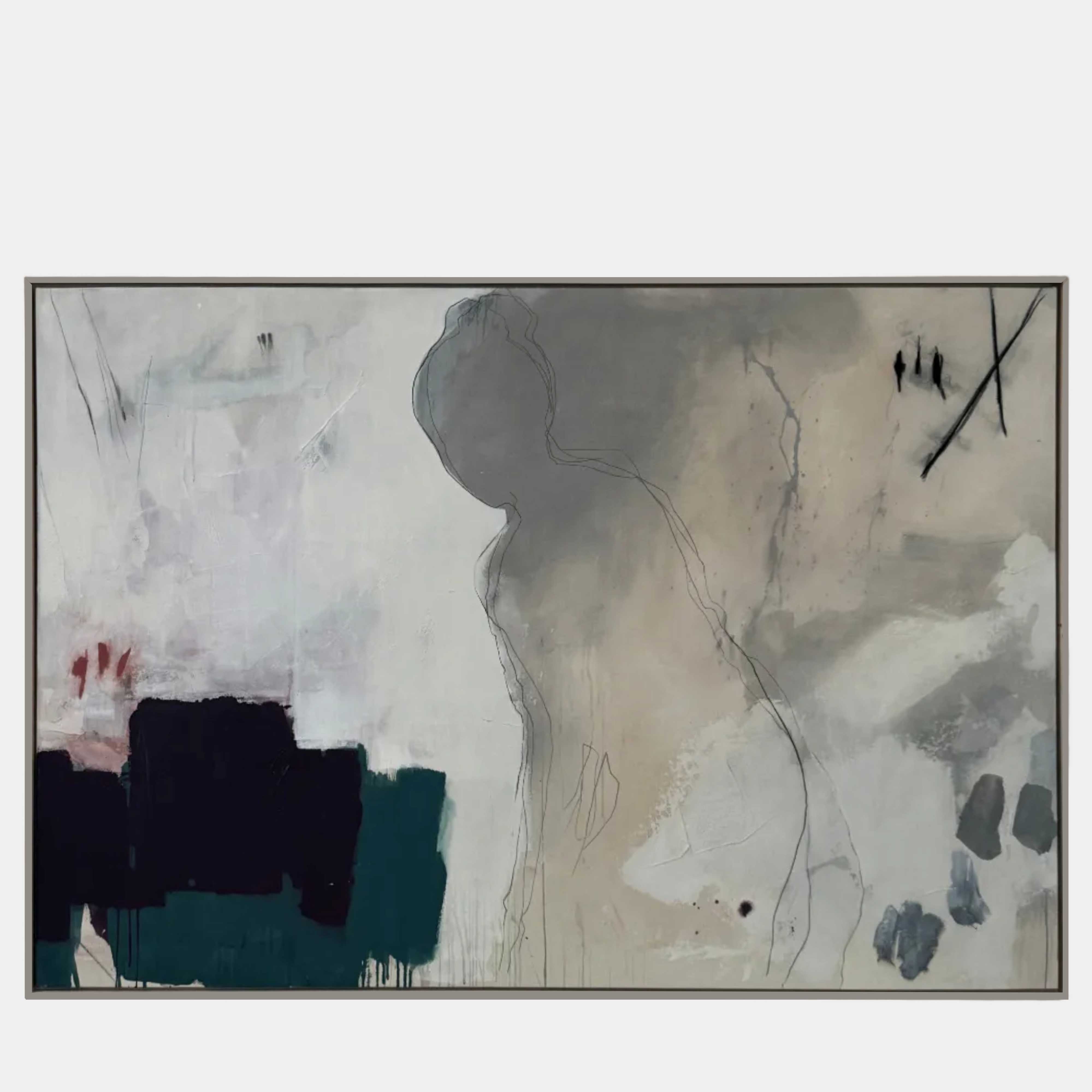 Painting: by Melissa Harrington from Artist showcases textured brushstrokes, a subtle human figure, blocks of dark green and black, with splashes of red and blue on a primarily white and beige background.